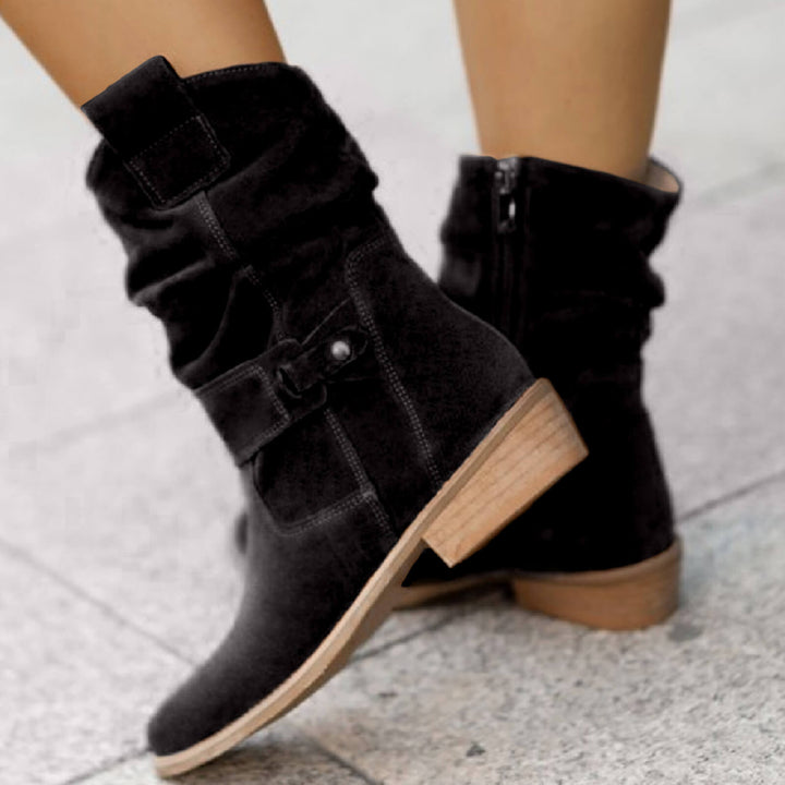 Thora - Faux Suede Flock Mid-Calf Knight Boots