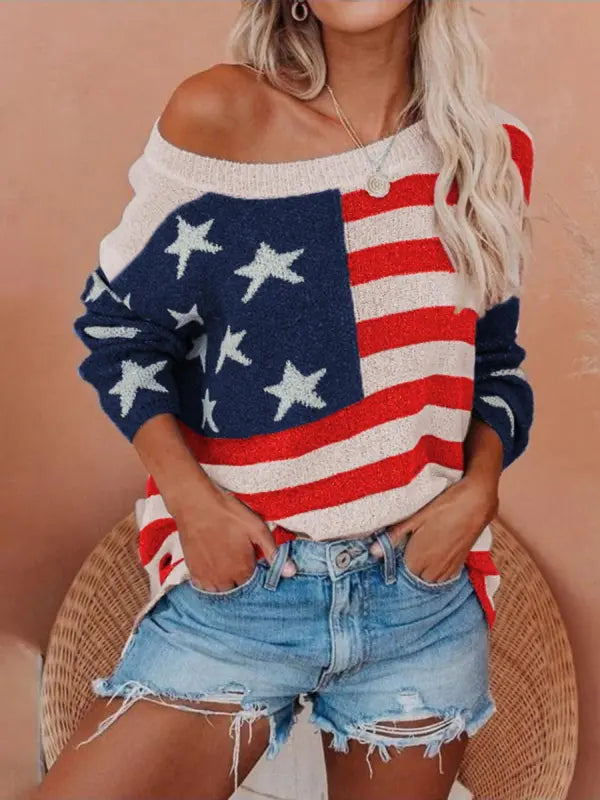 Callista - Casual Off-Shoulder Flag Print Sweater